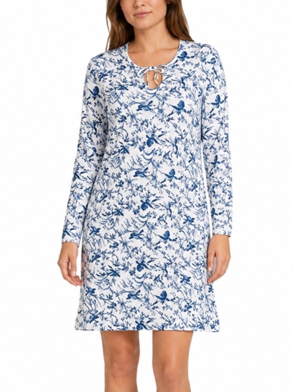 Lands’ End Floral / Bird Print Cotton Long Sleeves Nightgown Sz S